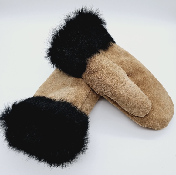 Hand Crafted Accessories - HANDMADE | suede leather fur trimmed plush lined winter mits mittens